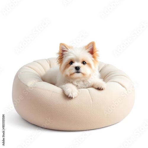 Small fluffy dog resting comfortably in a round beige dog bed against a white background studio shot