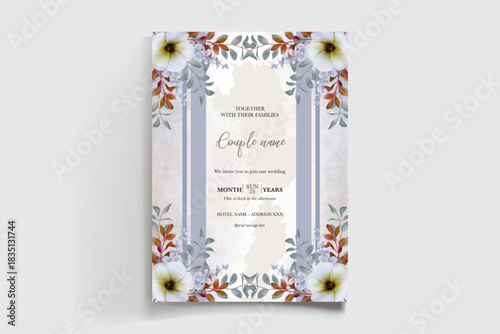 WEDDING INVITATION FRAME WITH FLOWER DECORATIONS AND FRESH LEAVES