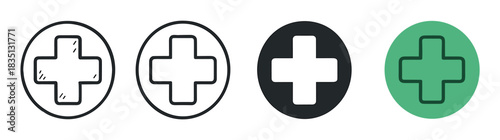 Set of four medical cross icons presented in various graphic styles including outline, solid fill, and color for healthcare, first aid, or emergency service concepts