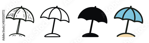 Set of four beach umbrella illustrations in different artistic styles, including doodle, line art, silhouette, and colored cartoon, for summer vacation and sun protection concepts