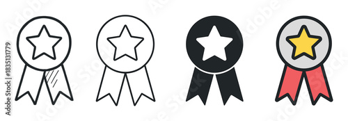 Set of four award medal icons with stars, showcasing various graphic styles from hand-drawn doodle and simple line art to a solid silhouette and a full-color version