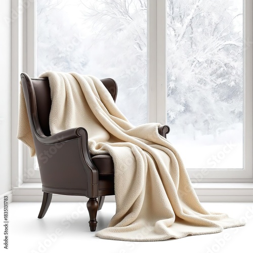 A cozy scene featuring a brown chair draped with a cream blanket near a window in a winter setting