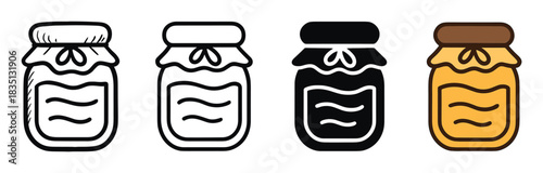 Set of honey jar icons in different graphic styles including a simple outline, solid glyph, hand-drawn sketch, and a flat color version for design projects