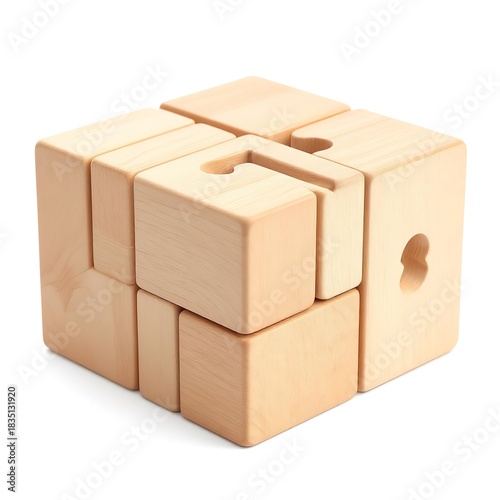 A close up shot of a beige infinity cube puzzle toy with cutouts on a white background surface