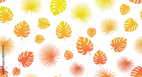 Vibrant tropical leaf pattern with warm orange and yellow hues on a white background evoking summer and exotic destinations