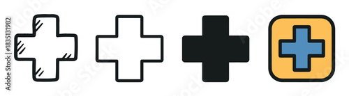 Set of four medical cross icons showing different design styles including hand-drawn doodle, simple outline, solid silhouette, and a colorful filled version for web or app use