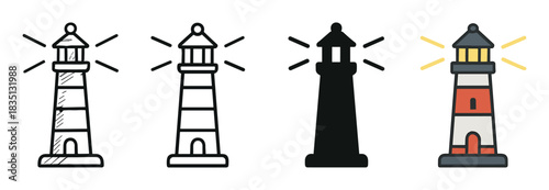 Set of four lighthouse icons in different styles including sketch, line art, silhouette, and color flat design, depicting a beacon tower with a shining light for maritime navigation