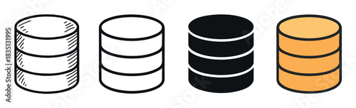 Database server icon set with four different styles including doodle, line art, solid glyph, and color fill for representing data storage and information technology concepts