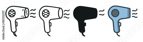 Hairdryer icon set in four different styles including doodle, line art, silhouette, and color, showing a blow dryer appliance with hot air flowing from the nozzle