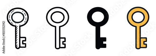 Set of four key icons showing different design styles including doodle, outline, silhouette, and color fill for concepts of security, access, and privacy in user interface design