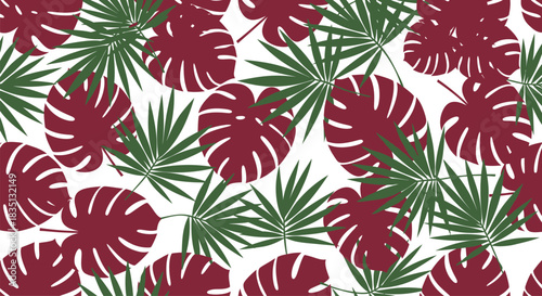 Vibrant seamless pattern of deep red monstera deliciosa leaves and lush green palm fronds on a white background evoking tropical paradise and exotic botanical beauty