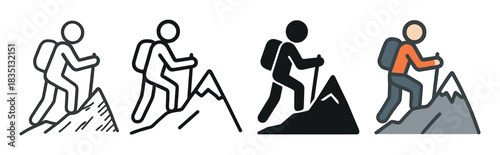 Collection of four mountain climbing icons showing a hiker with a backpack and trekking pole, presented as a set in line, glyph, and flat color vector illustration styles