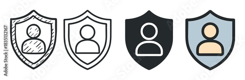 Set of four user security icons with a person symbol inside a shield, shown in hand-drawn doodle, simple outline, solid glyph, and flat color vector illustration styles