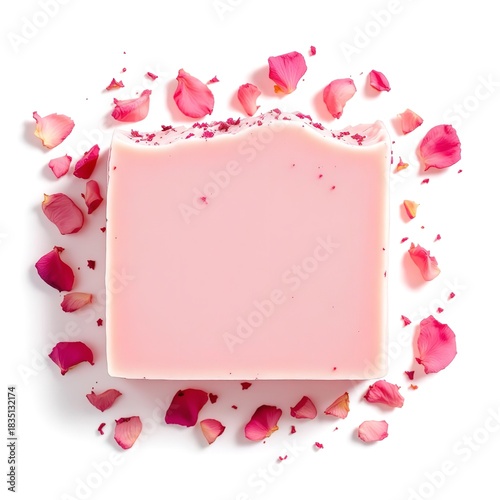 A pink soap bar surrounded by scattered rose petals on a white background studio shot top view