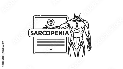 Sarcopenia Vector Icon. Black and white line illustration showing an anatomically detailed human body (muscles) next to a medical diagnosis board.