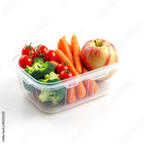 A clear plastic container filled with an apple carrots broccoli and cherry tomatoes on white background