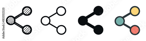 Set of four share icons in different artistic styles including hand-drawn sketch, simple outline, solid black silhouette, and a flat colorful version for digital communication