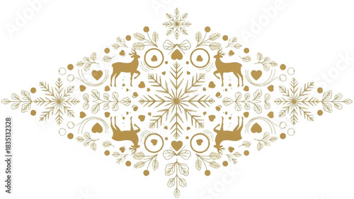 Elegant Golden Snowflake and Deer Christmas Ornament Vector Illustration