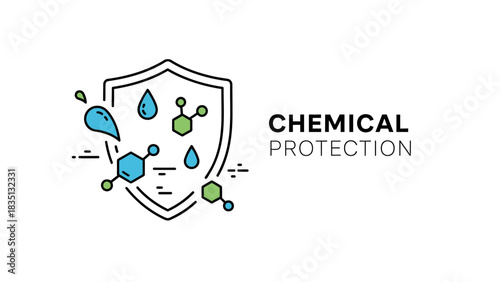 Chemical Protection Icon. Flat design colored line illustration featuring a shield as a safety symbol, surrounded by molecules and water/liquid droplets.
