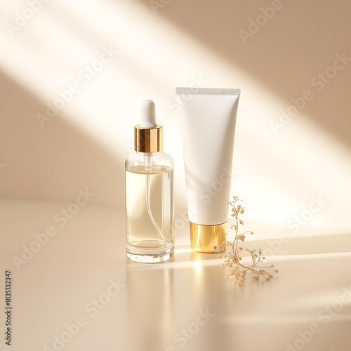 A serum bottle and a tube of cream with a gold cap on a beige background with light and shadow