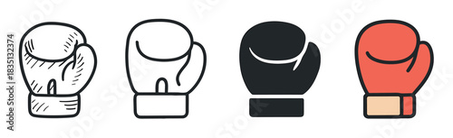 Set of four boxing glove icons presented in various artistic styles such as hand-drawn sketch, simple outline, solid black silhouette, and modern flat color