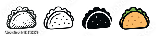 Four taco icons presented in a row, showcasing various design styles from a simple outline and solid silhouette to a detailed sketch and a full-color version