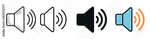 Set of four speaker icons representing volume and audio in various styles like doodle, outline, solid, and color for web or application user interface elements