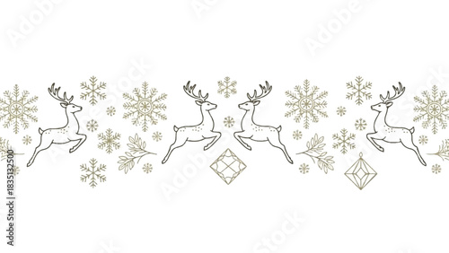 Elegant festive winter holiday border illustration with jumping reindeer and delicate golden snowflakes, perfect for seasonal designs and celebrations
