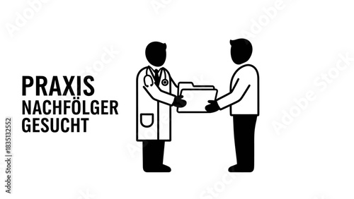 The concept of the Search for Successors to Medical Practice (Praxis Nachfolger Gesucht). An iconic black-and-white illustration showing a doctor handing over a file to another figure.