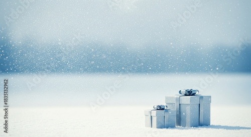 Two wrapped gift boxes with silver ribbons resting on fresh white snow during a serene winter snowfall