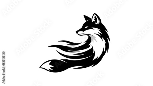Elegant Black and White Fox Illustration with Flowing Tail Design.