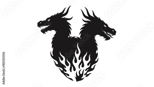 Two-headed dragon with flames, mythical creature illustration.