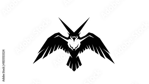 Black and white stylized bird with sharp wings and head.