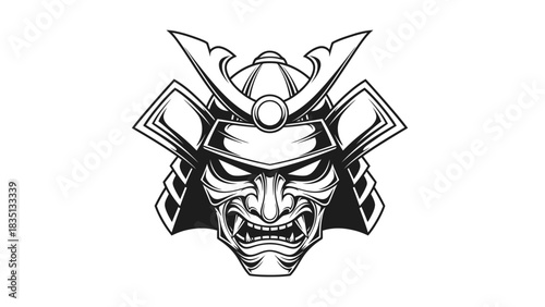 Detailed Illustration of a Fierce Samurai Mask with Intricate Armor Elements.