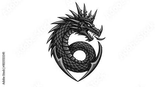 Detailed Dragon Illustration with Spikes and Coiled Body.