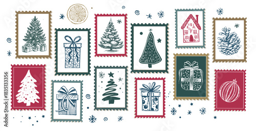 Christmas stamps, hand drawn illustrations.