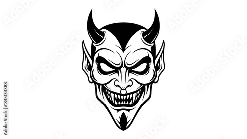 Intense Devil Face with Horns and Sharp Teeth Illustration.
