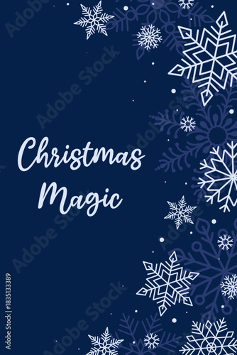 Celebration winter card with white snowflakes and text Christmas Magic on blue backdrop. Flat vector illustration. Modern template for poster, background, invitation, cover