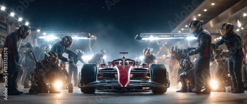 Red Formula One car in dramatic night pit stop surrounded by intense pit crew. Concept of teamwork, precision, tension and emotional pressure for motorsport editorials and branding.