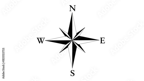 Classic Black and White Compass Rose Navigational Symbol.