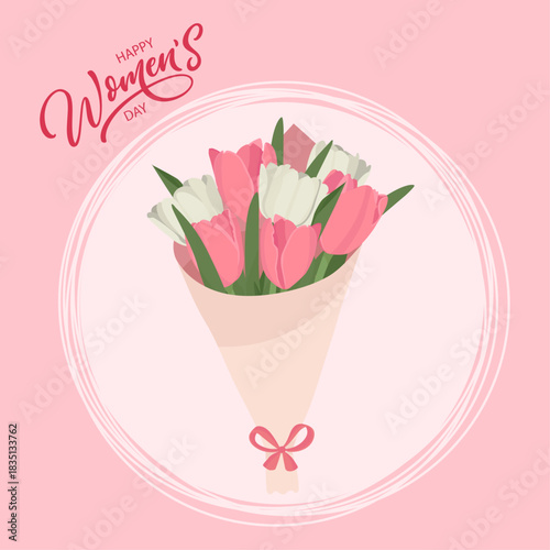 Women's day greeting card spring tulips gentel bouquet flat illustration