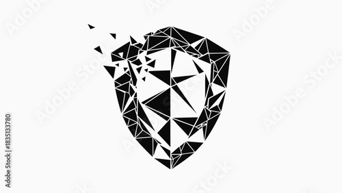 Abstract Geometric Shield with Shattered Effect, Symbolizing Security Breach.