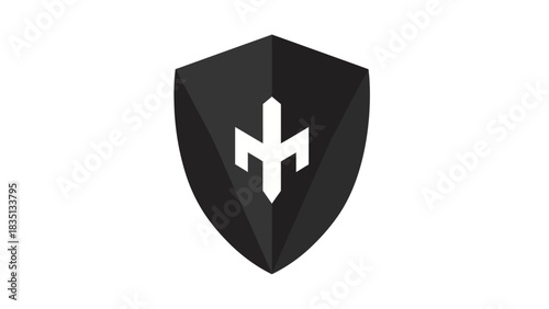 Black shield with white arrow pointing up and down.