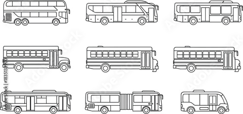Large Collection of Bus Types Vector Outline Set, Including Double-Decker, School Bus, Coach, and Articulated Urban Transit, Black and White Line Art Illustration, Public Transportation Icons,