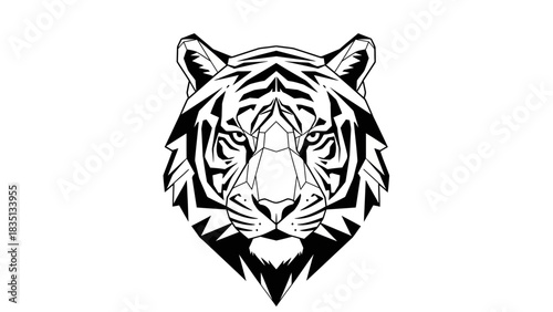 Stylized Tiger Head Illustration in Black and White.