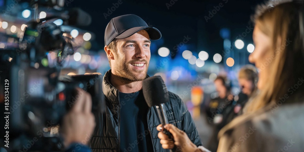 Naklejka premium Smiling man giving interview at Abu Dhabi Formula One paddock at night. Concept of communication, emotion, event atmosphere for media, reporting, promo and storytelling.