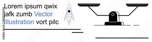 Progress, decision-making, innovation, growth, evaluation, balance. A rocket beside a balance scale. Progress and decision-making by launch and equilibrium visuals