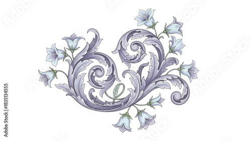 Luxury Victorian Blue Floral Wreath, Royal Acanthus Scrollwork Decorative Emblem