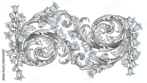 Baroque Floral Ornament with Acanthus Leaves and Blue Bellflowers, Vintage Scrollwork Decorative Element
