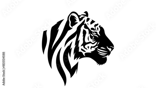 Majestic Tiger Head Profile Black and White Illustration.